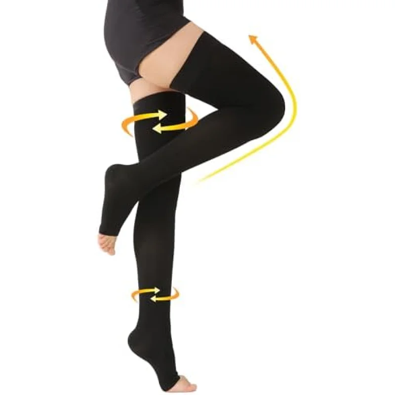 MGANG Medical Thigh High Compression Stockings for Men & Women, Pair, Open Toe, 20-30 mmHg Graduated Compression Support Hose, Opaque, Best for Varicose Veins, Edema, Flight, DVT, Swelling, Black XL