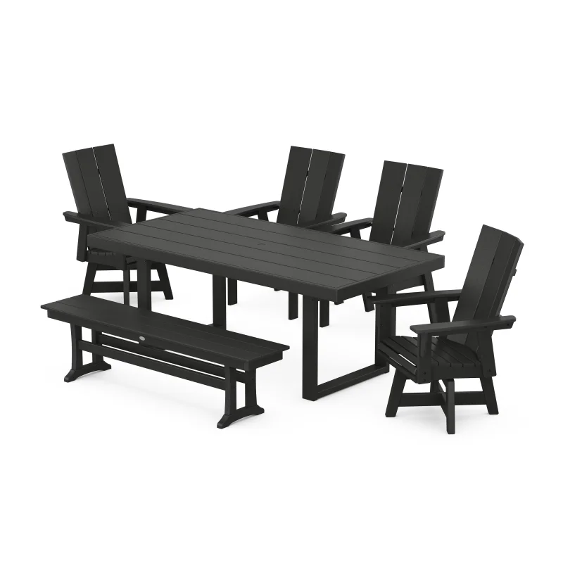 Modern Curveback Adirondack Swivel Chair 6-Piece Dining Set with Bench Black