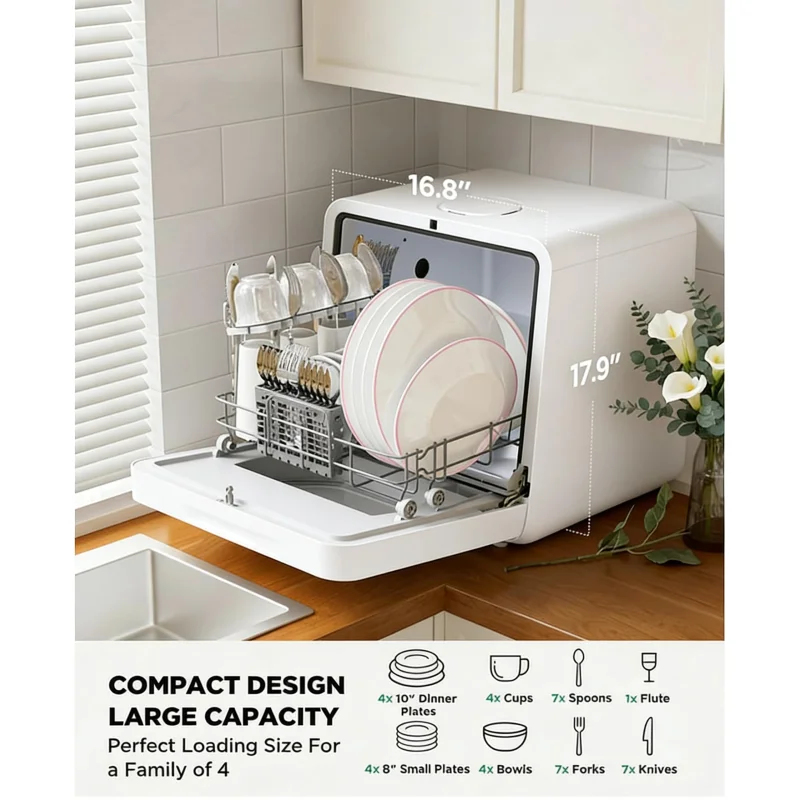 MOMOKOVA Portable Countertop Dishwasher with 5L Built-in Water Tank,Upgraded 7 Program & 24H Delayed Wash,360 Dual Spray, 167 High-Temp & No Hookup Needed for Home,white (white)