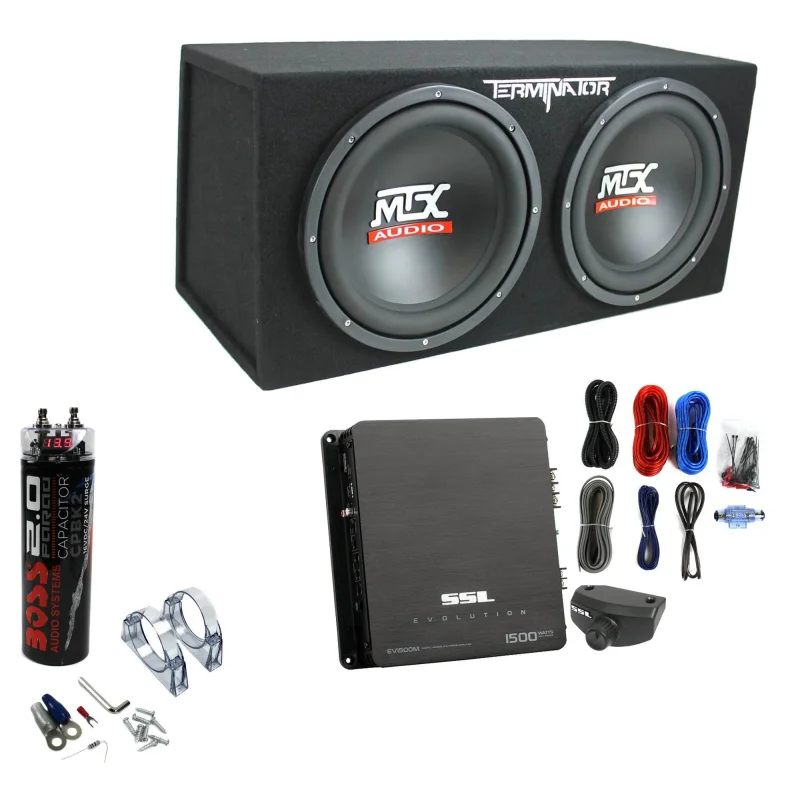 MTX TNE212D 12" 1200W Dual Loaded Subwoofer Box + 1500W Amp + Wiring + Capacitor
