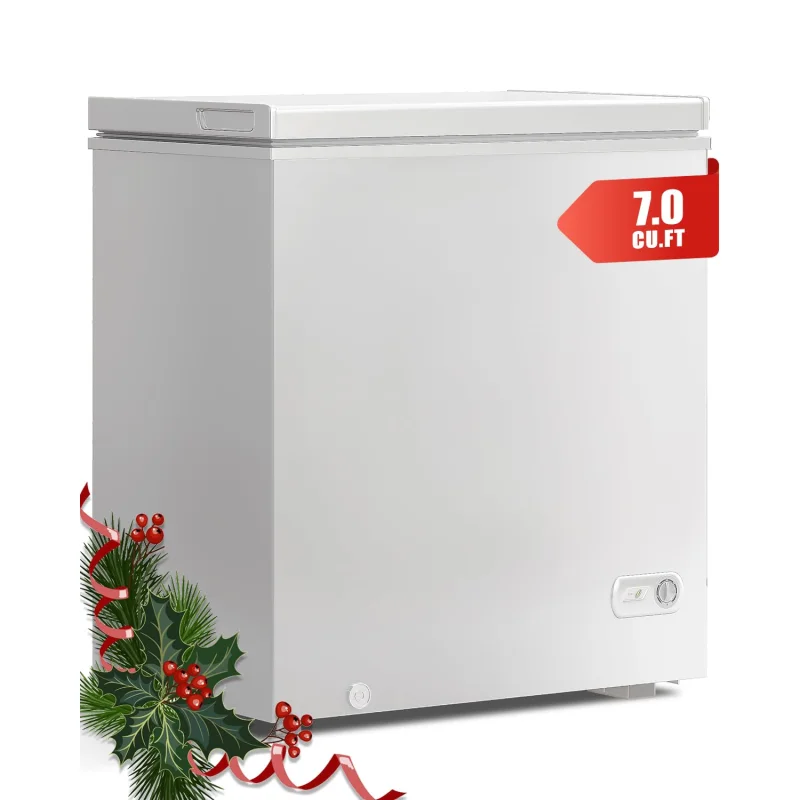 Muhub 7.0 Cubic Feet Chest Freezer, White Deep Freezer with Removable Baskets, Free Standing Top Open Door Compact Freezer with Adjustable Temperature (7.0 Cu.Ft)