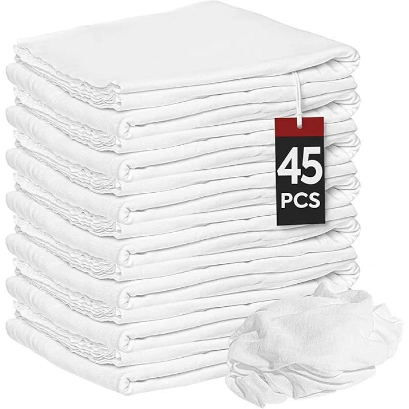 Nabob Wipers New Lint Free Cloth (45 Pack) - 100% Cotton Cleaning Rags Exact Cut - Premium White Rags for Cleaning House - White Rags for Dusting, Staining, Polishing, Painting 18"x18"