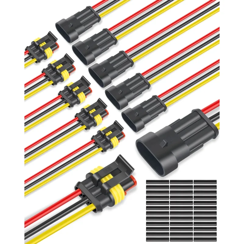 NAOEVO 3 Pin Connector Waterproof, 16 AWG 3 Wire Connectors, Automotive Electrical Male and Female Plug with Heat Shrink Tubing for Car Truck Boat Wire Connection, 6 Kits