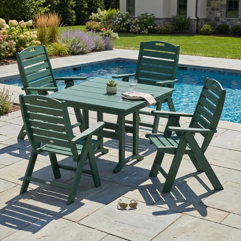 Nautical 5 Piece Folding Highback Chair Farmhouse Dining Set Slate Grey