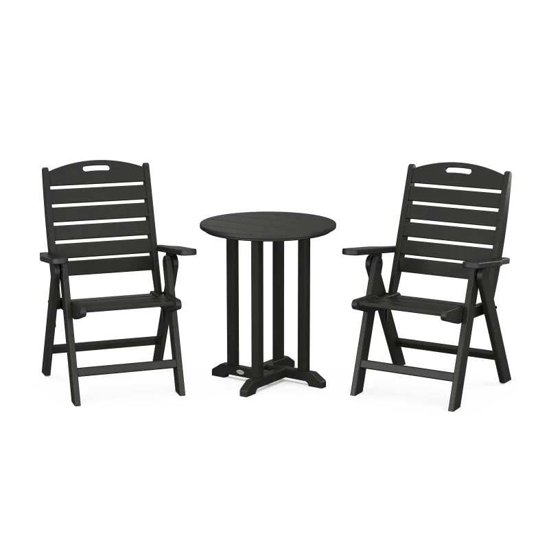 Nautical Folding Highback Chair 3-Piece Round Bistro Dining Set Black