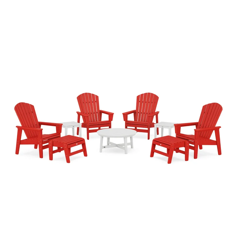 Nautical Grand Upright Adirondack 9-Piece Conversation Set Sunset Red and White