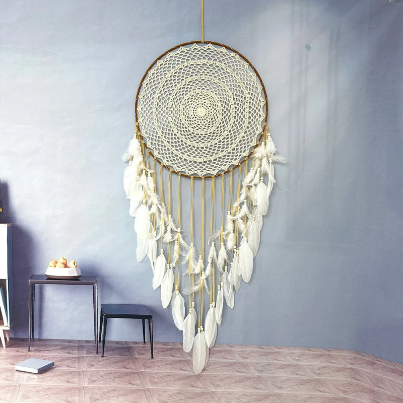 Nordic Style Dreamcatcher Wall Hanging with Feathers & Iron Ring | Elegant Decor for Girls' Room Serenity Beige Antiquity A