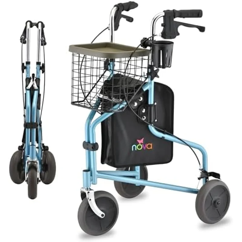 Nova Joy Traveler Folding 3 Wheel Walker with Tray, Basket and Pouch - Lightweight Mobility Aid for Seniors - 8 Inch Wheels - Essential for Tight Spaces and Travel - Sky Blue