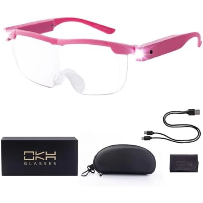 OKH 160% Magnifying Glass with Light, Rechargeable Lighted Magnifying Glass, Jewelry Magnifier with 2 LED Lights, Pink Magnifying Glasses for Close Work Reading Crafts Jewelry