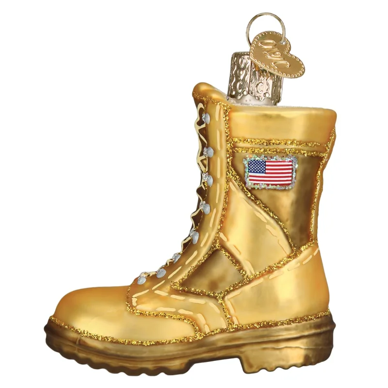 Old World Christmas Military Boot (Gold Combat Boot with American Flag Patch) Glass Blown Ornament for Christmas Tree, Handcrafted Holiday Decoration, Tools Collection