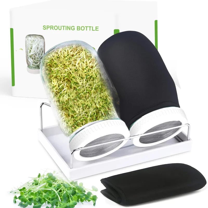 Organic Seed Sprouting Jar Kit232 oz Wide-Mouth Mason Jars with Stainless-Steel Sprouter Lids & Stand, Blackout Sleeves, Drain TrayGrow Broccoli, Alfalfa & Bean Microgreens