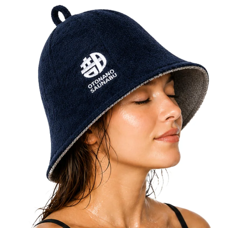 OTONANOSAUNABU Navy Sauna HatJapanese Design, 100% Wool Felt,Double-Layer Reversible Sauna Cap for Men & Women,Heat Protection Finnish Banya Hat