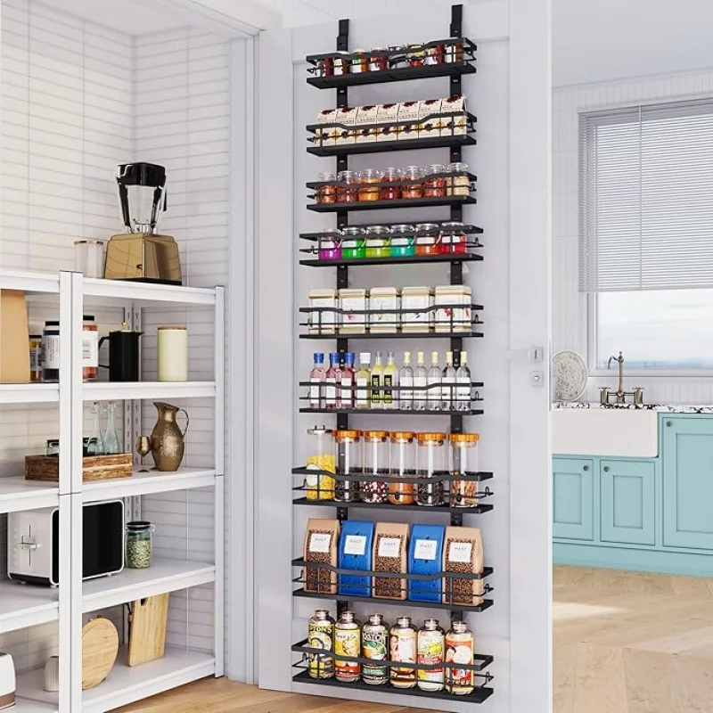 Over The Door Pantry Organizer9-Tier Over The Door Organizer with Adjustable BasketMetal Hanging Pantry Organizers and Storage for Kitchen, Back of Door Seasoning Rack (Black)