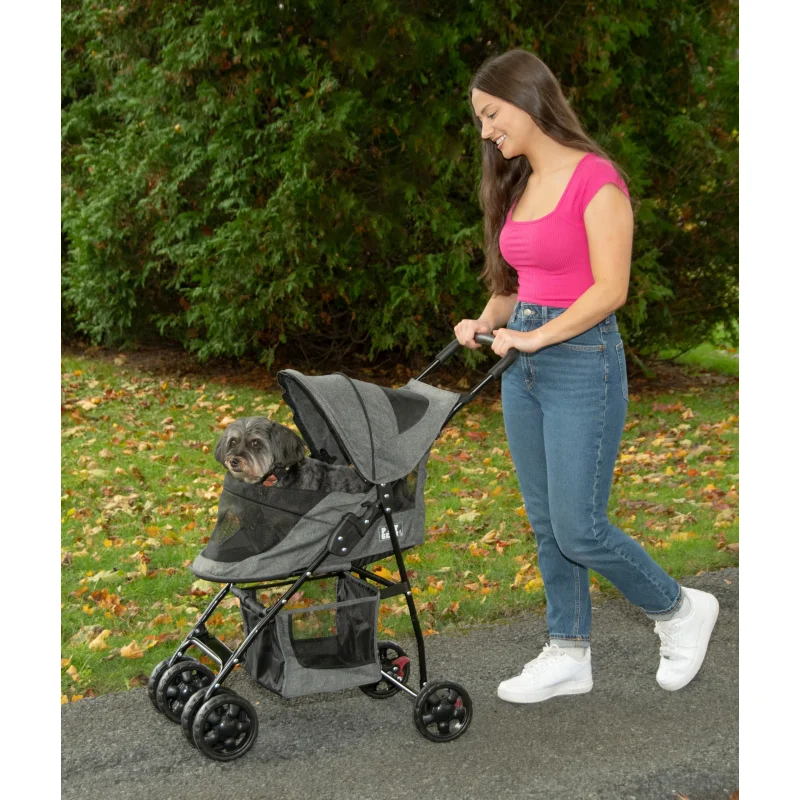 Pet Gear Happy Trails Lite Pet Stroller for Cats/Dogs, Zipper Entry, Easy Fold with Removable Liner, Safety Tether, Storage Basket, Pebble