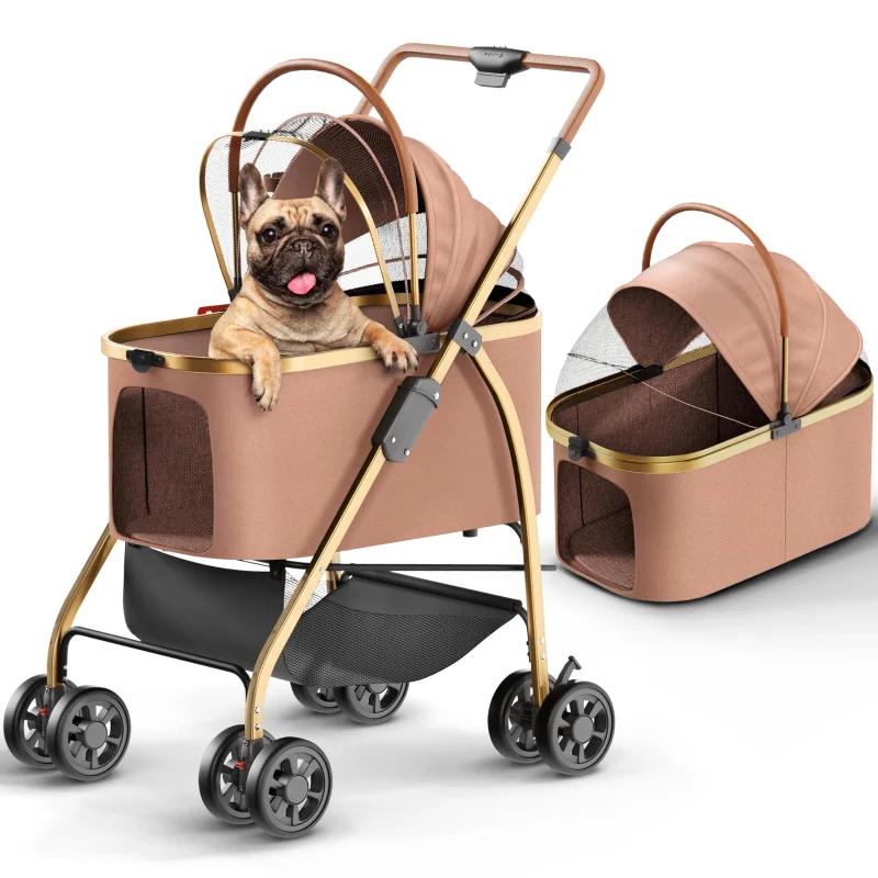 Pet Stroller for Small Medium Dogs & Cats2-in-1 Detachable Carrier, Zipperless Entry, Lightweight Folding Travel Stroller with Storage Basket, Cup Holder, Brown