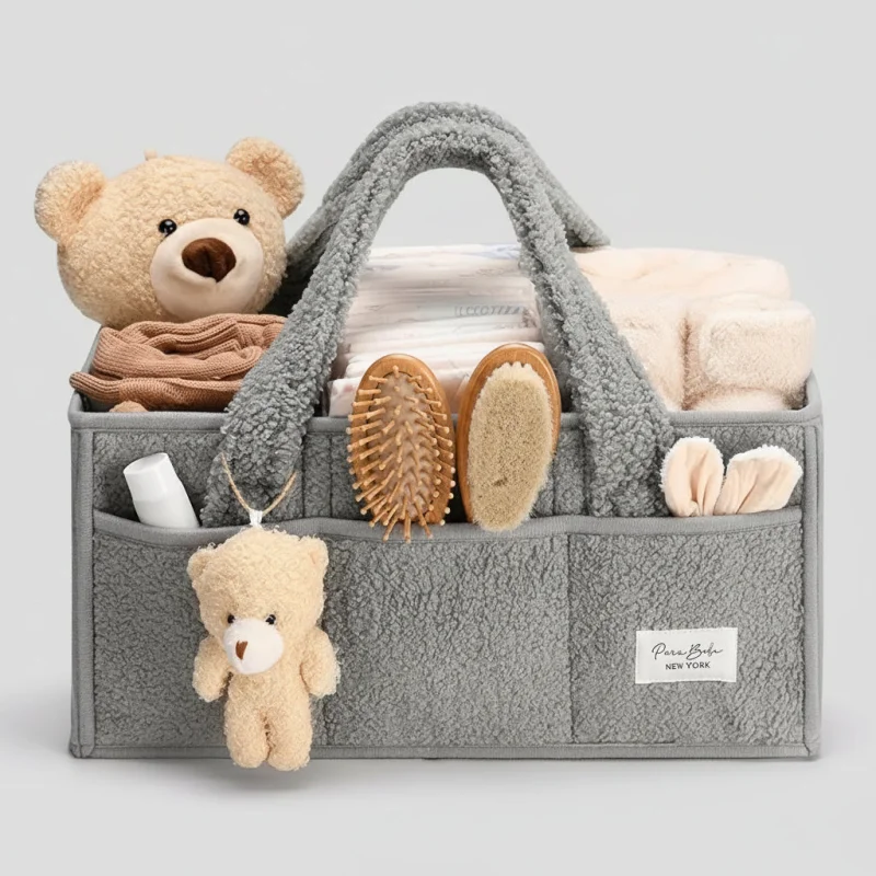 Plush Sherpa Diaper Caddy Organizer with Adjustable Dividers | Versatile Baby Storage Solution for Easy Nursery Organization Gray