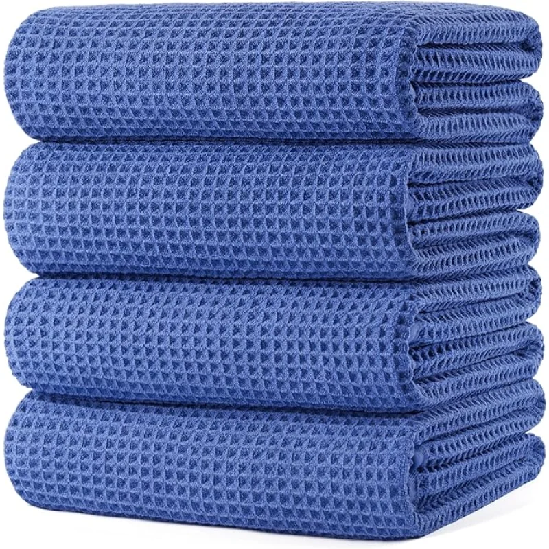 POLYTE 430 GSM Microfiber Oversize Quick Dry Lint Free Bath Towel, 60 x 30 in, 4 Pack (Waffle Weave)