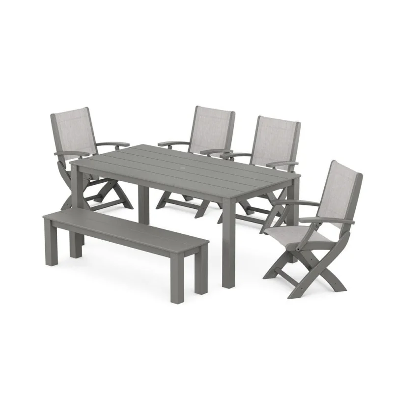POLYWOOD - Coastal Folding Chair 6-Piece Parsons Dining Set with Bench - PWS2272 Slate Grey
