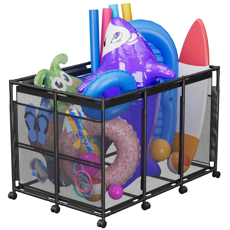POOLHOUR Pool Float StorageXXL Large Outdoor Pool Toy Storage Organizer for Pool Noodles, Toys, Floats, Balls,Equipment, Mesh Rolling Storage Organizer Bin, Black