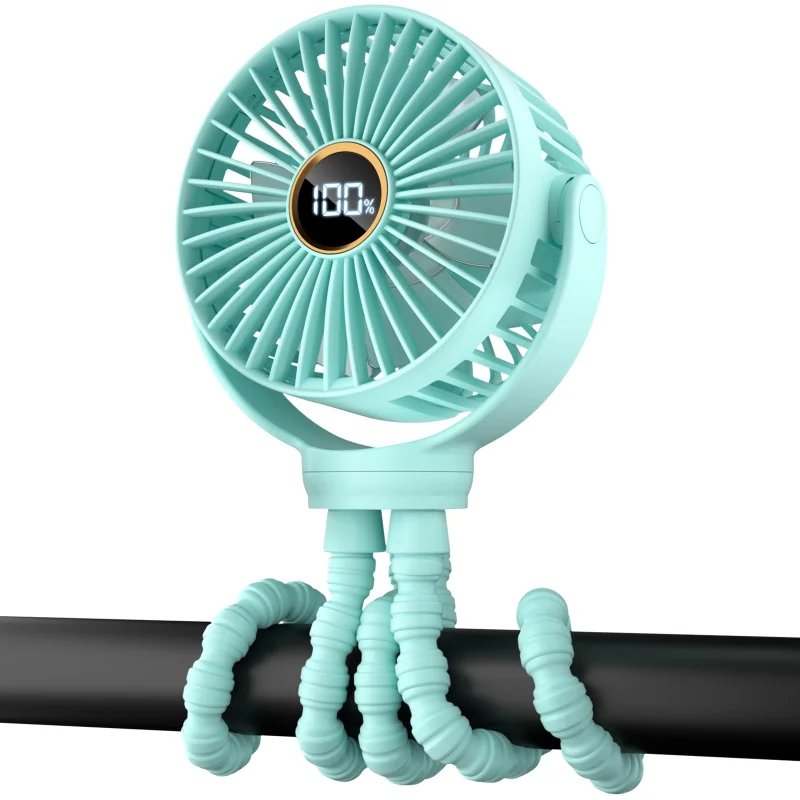 Portable Stroller Mini Fan, Small Rechargeable Personal Fan, Travel Essentials for Baby, Wagon, Car Seat, Treadmill, Battery Powered Biking Gear Accessories, 360 Rotation, 3-Speed, Display, Aqua