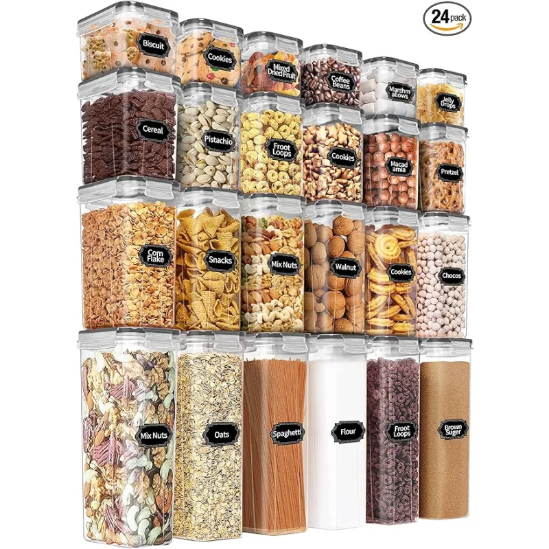 PRAKI Airtight Food Storage Containers Set with Lids - 24 PCS, BPA Free Kitchen and Pantry Organization, Plastic Leak-proof Canisters for Cereal Flour & Sugar - Labels & Marker(Grey)
