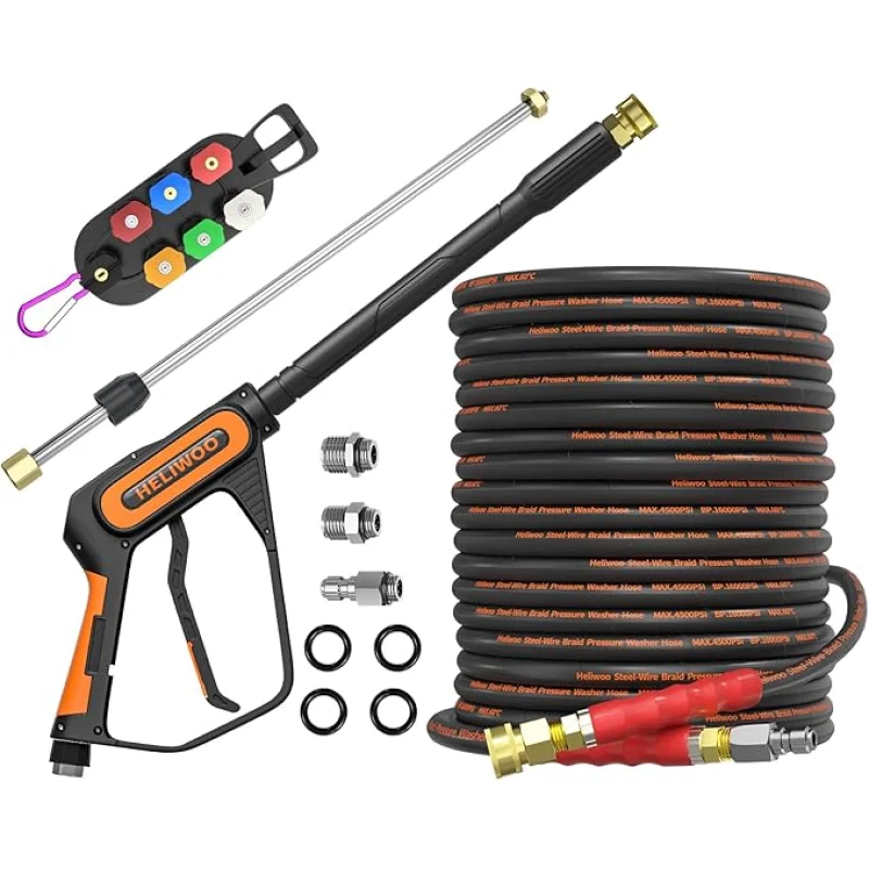 Pressure Washer Gun and Hose Kit, 100FT Kink Resistant 5/16 Power Washer Hose and Wand, 3/8" Swivel Quick Connector & M22-14mm Fitting, 4500 PSI