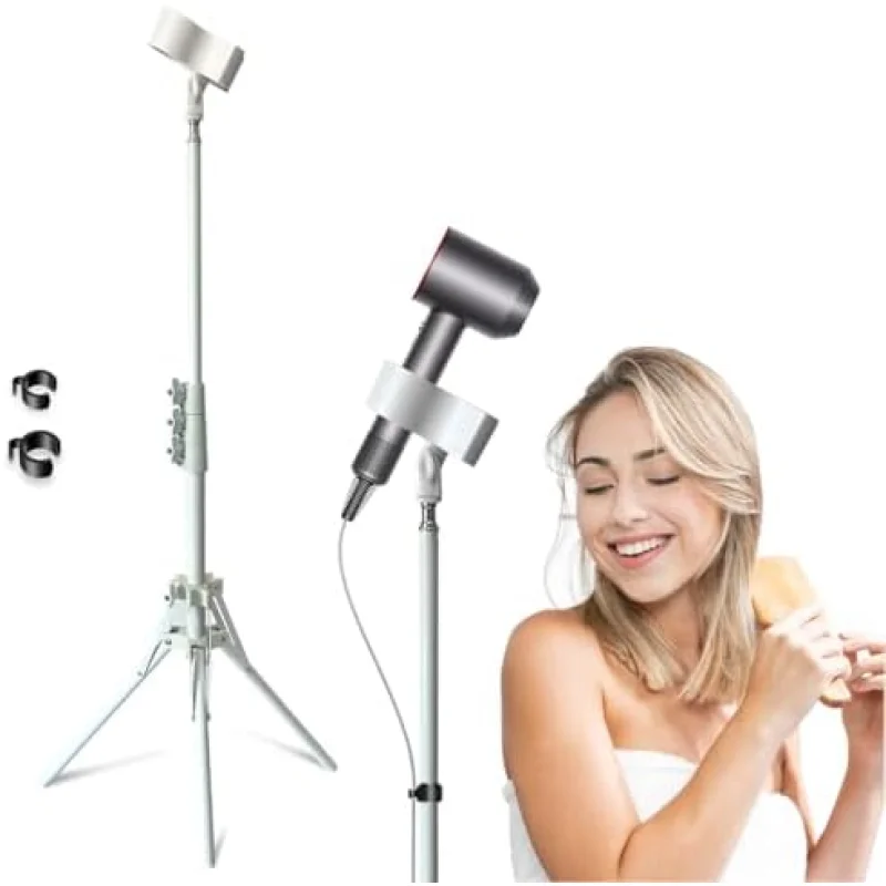 Purple River Hair Dryer Stand White 20-63 Inch Adjustable Blow Dryer Holder with Tripod and Universal Clip, Easy to Use, Hands Free Relieve Wrist Pain, Shoulder Periarthritis etc
