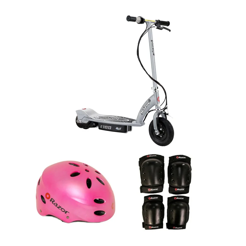 Razor Electric Kids Scooter, Silver & Youth Sport Helmet & Elbow & Knee Pads