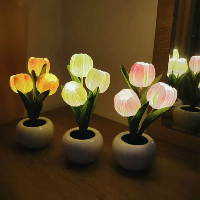Realistic Tulip Night Light with LED Glow | Decorative Floral Lamp for Ambiance and Relaxation 3 Orange Tulips