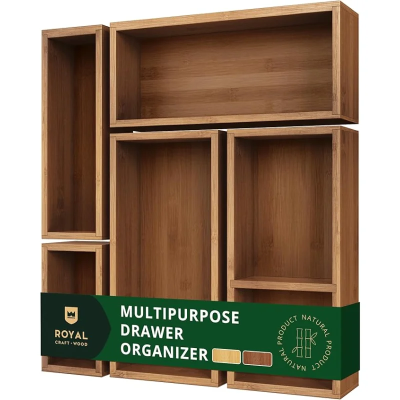 ROYAL CRAFT WOOD Premium Carbonized Bamboo Decorative Boxes - Drawer Organizer Set (5-Piece)Wood Storage Boxes for Kitchen, Bathroom, Office & Makeup