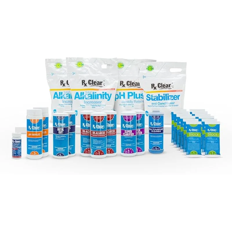 Rx Clear Deluxe Spring Chemical Opening Pool Cleaning Kit | for Swimming Pools Up to 30,000 Gallons | Includes Shock, Clarifier, pH Minus, Algaecide and More | Keep Your Pool Clean and Clear