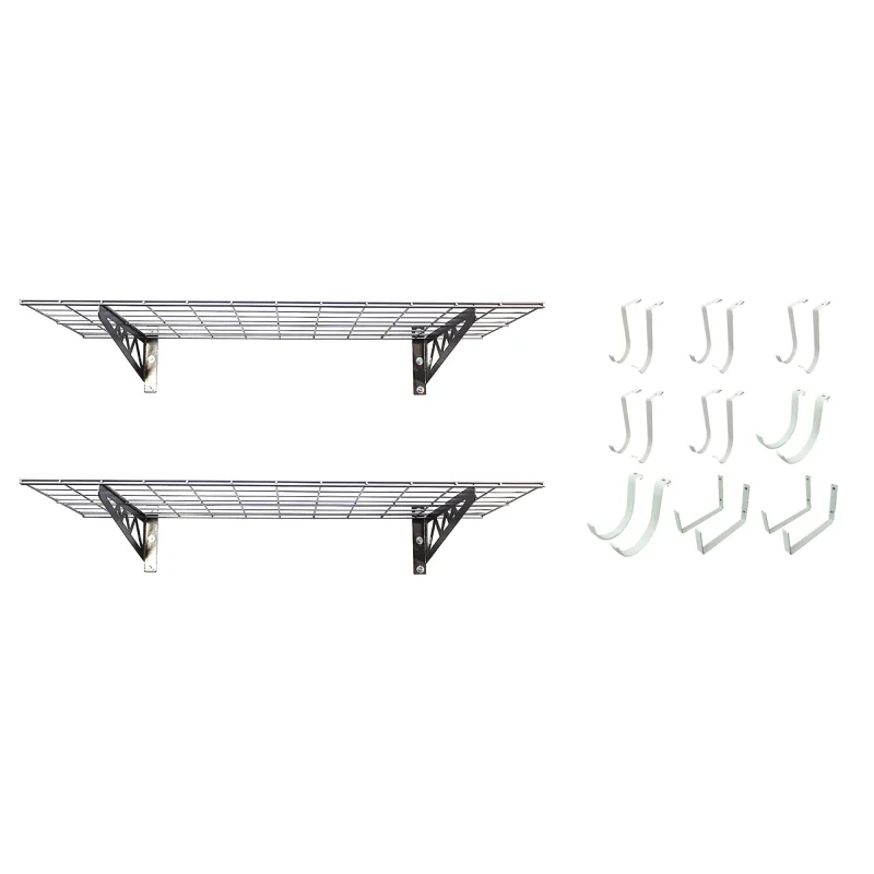 SafeRacks 18x48" Garage Shelf 2-Pack w/ Bike Hooks & 18ct Accessory Hook Package