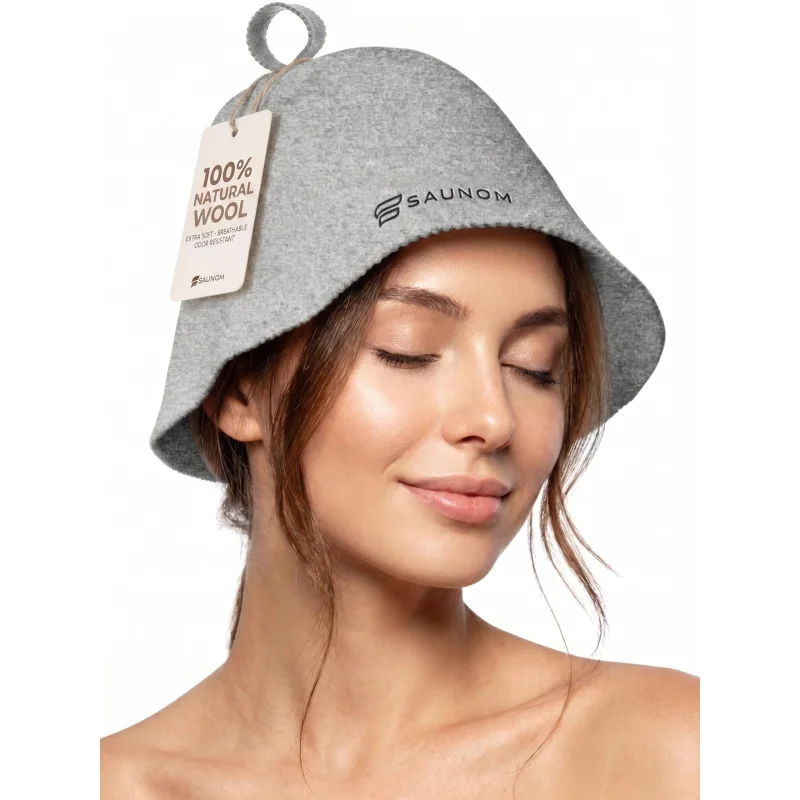 SAUNOM Premium Ultra Soft Grey Sauna Hat for Women and Men100% Natural WoolUltra Soft, Breathable, Itch-Free and Odor Resistant Sauna Cap