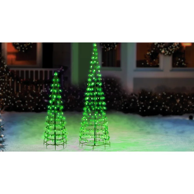 Set of 2 Wire Cone Trees with Green Twinkling LED Lights