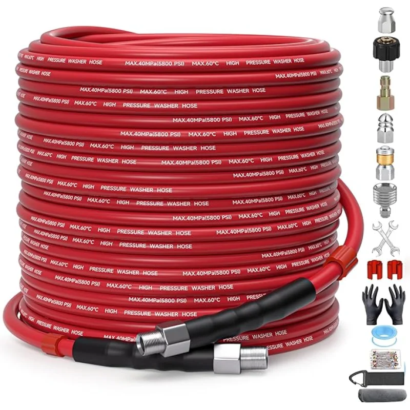 Sewer Jetter Kit for Pressure Washer150ft Water Jet Drain Cleaning Hose 5800PSI 1/4 Inch NPT Corner with Sewer Cleaning Tool High Pressure Nozzles and Spanner Waterproof Tape