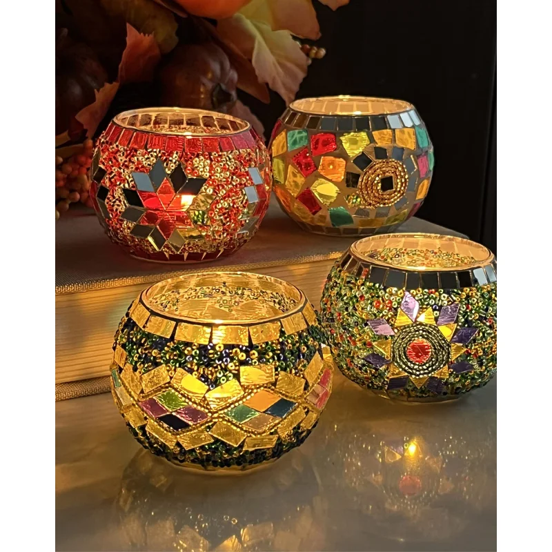 SHMILMH Glass Candle Holder Set of 4, Diwali Gift Votive Candle Holders Handmade Mosaic Glass Tealight Holders Diwali Christmas Table Decorations for Home