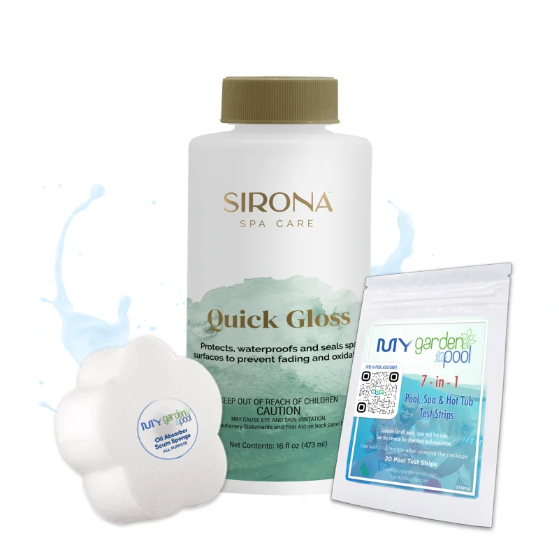 Sirona Quick Gloss 16 fl ozProtects and Shines Spa SurfacesEasy Application FormulaIncludes Scum Sponge and 7-in-1 Test Strips