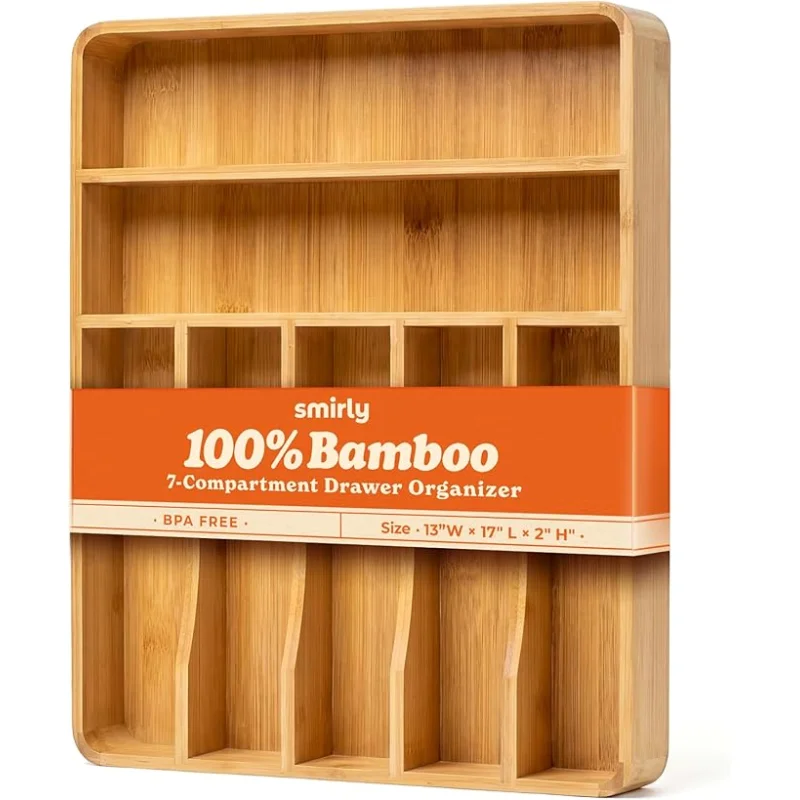 SMIRLY Silverware Drawer OrganizerBamboo Kitchen Drawer Organizer, Adjustable Utensil Holder and Cutlery Tray, Drawer Dividers for Flatware and Kitchen Utensils