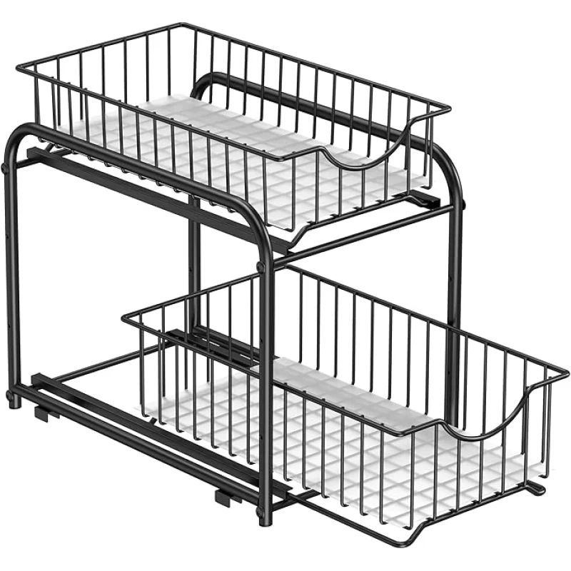 SONGMICS 2-Tier Pull Out Cabinet Organizers, Under Sink Organizer, Bathroom Organizer and Storage, Sliding Basket Drawers, Stackable for Kitchen, Bathroom, Ink Black UKCS017B01
