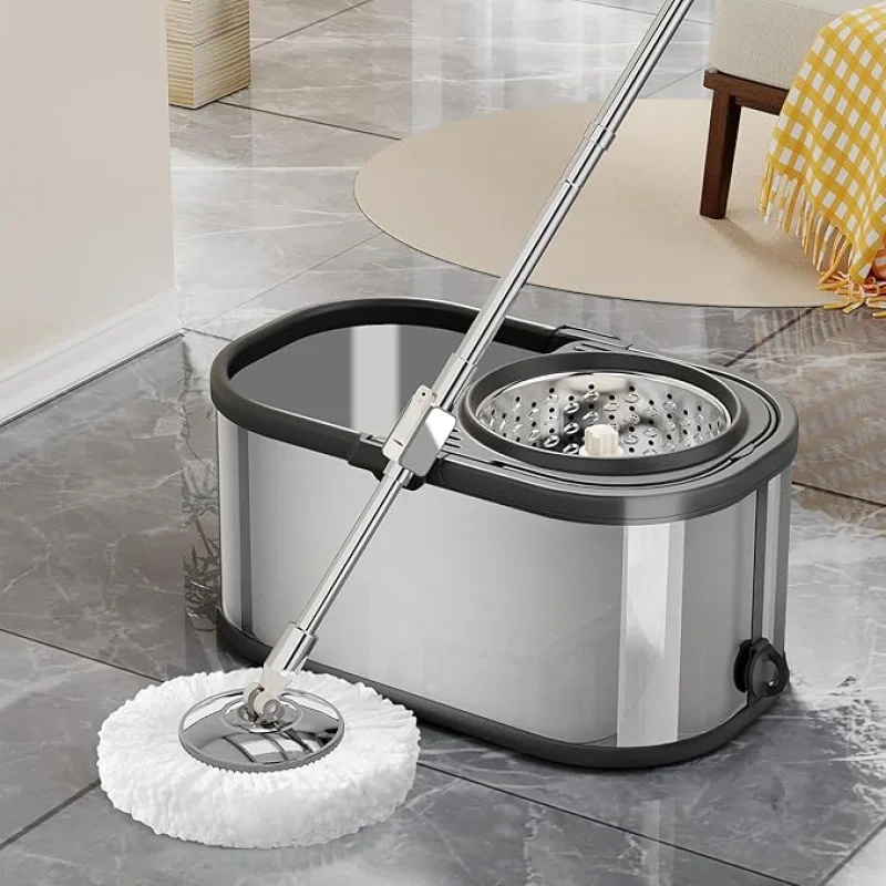 Spin Mop and Bucket with Wringer Set for Home,360 Mop and Bucket with Separate Clean and Dirty Water,Wet Dust Mop for Floor Cleaning with Extra Refills (Silver)