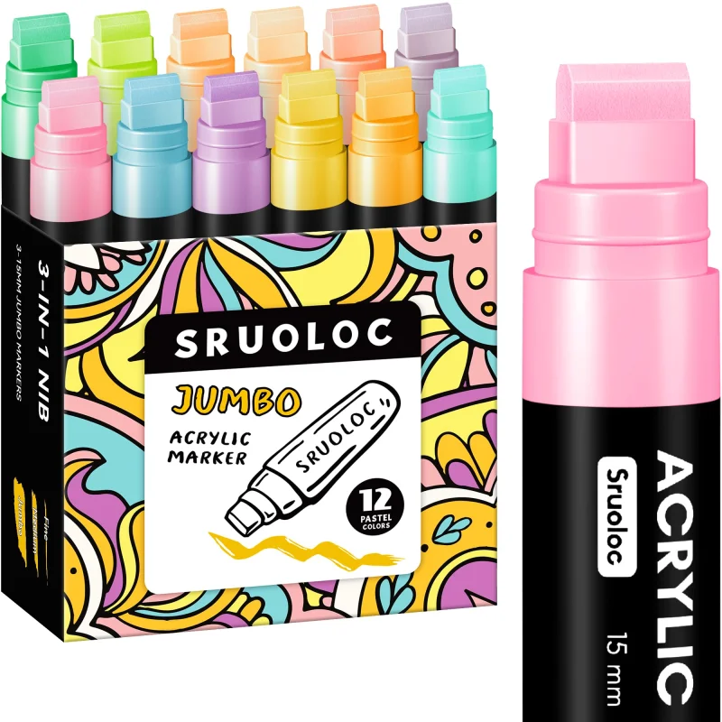 SRUOLOC 12 Pastel Colors Jumbo Markers, 15mm Jumbo Felt Tip, Acrylic Paint Markers for Rock Painting, Poster, Stone, Ceramic, Glass, Wood, Canvas