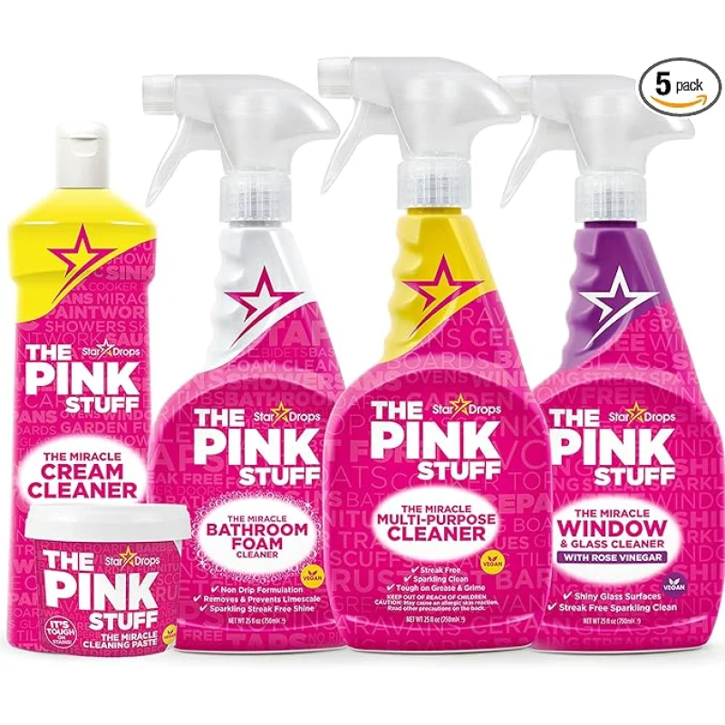 Stardrops - The Pink Stuff - The Miracle Cleaning Paste, Multi-Purpose Spray, Bathroom Foam Spray, Window & Glass Cleaner, and Cream Cleaner Bundle