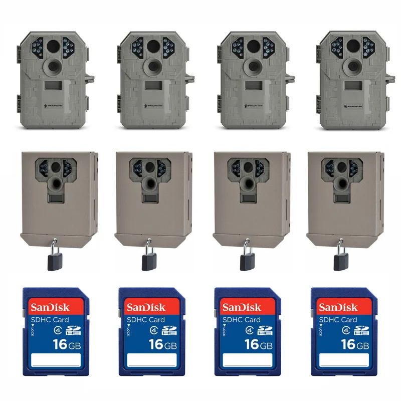 Stealth Cam Game Camera (4 Pack) + Security Box (4 Pack) + Memory Card (4 Pack)