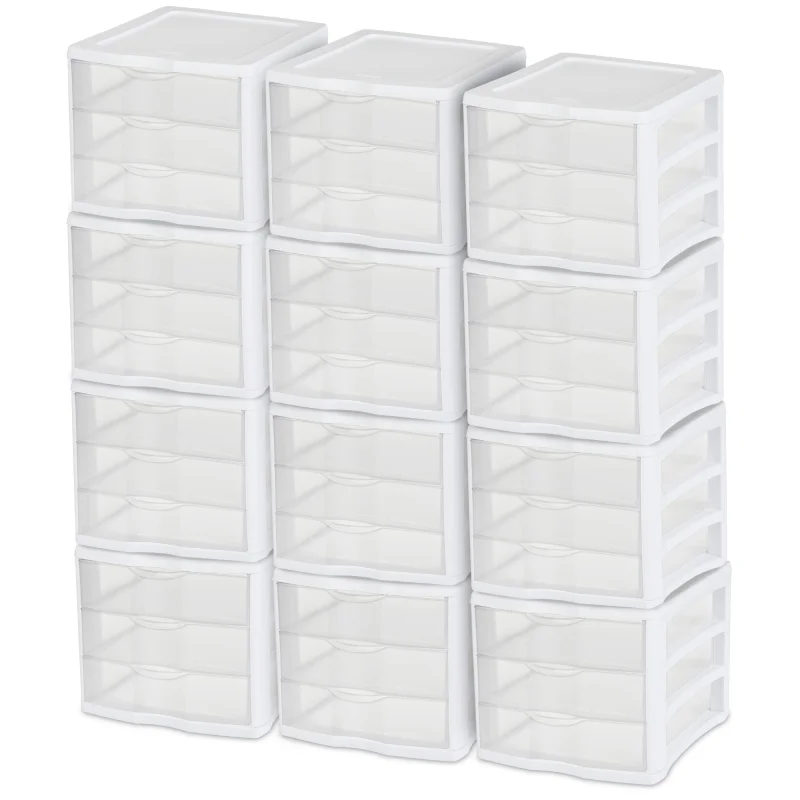 Sterilite ClearView Compact Stacking 3 Drawer Storage Organizer System, 12 Pack