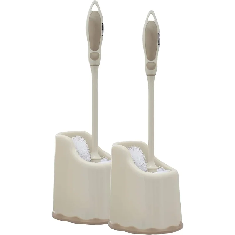 Superio Toilet Bowl Brush and Holder with Under Rim Cleaner for Bathroom, Toilet Brush and Caddy with Non Scratch Bristles and Under Rim Lip Brush, Beige (2 Pack)