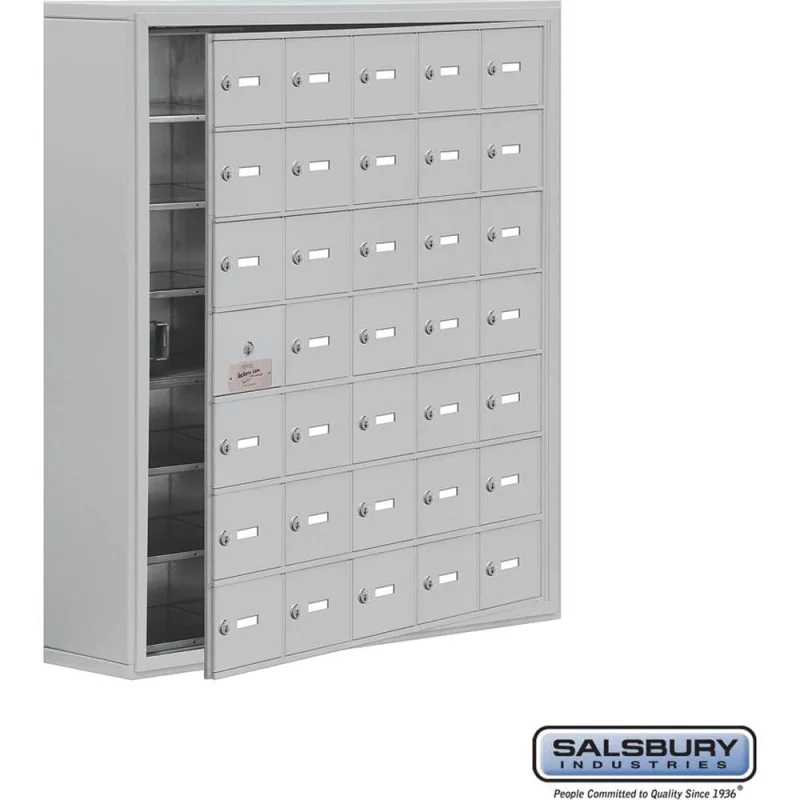 Surface Mounted Cell Phone Storage Locker with 35 A Doors (34 usable) in Aluminum - Keyed Locks by Salsbury Aluminum