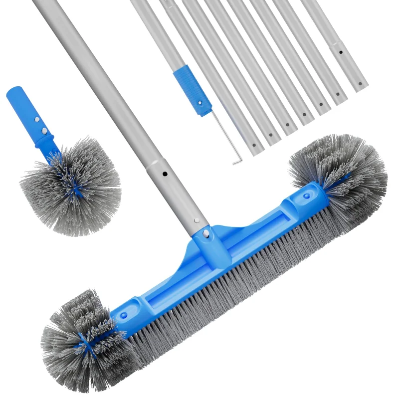 TidyMister Pool Brush Set - 20 2-in-1 Detachable Round Brush with Extra Side Brush for Cleaning Hard-to-Reach Corners, 9 FT Aluminum Extended Pool Pole with Hidden Hook Retriever