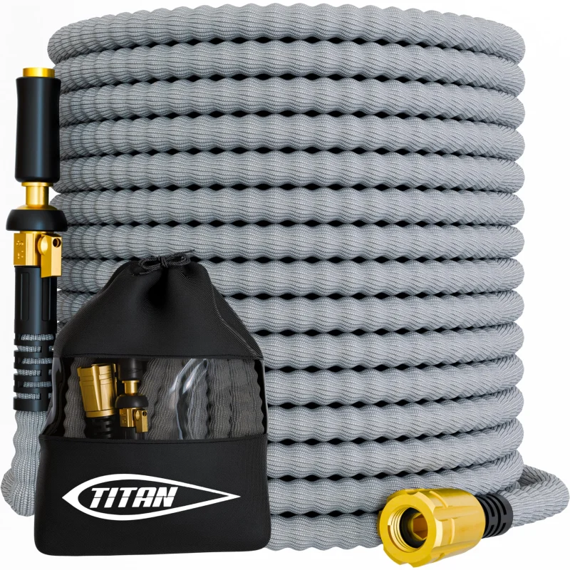TITAN Flexible Garden Hose 100FTUltra Lightweight, Heavy Duty Water Hose with Brass Fittings & Jet NozzleKink-Free, Non-Expanding, Durable Fabric Hose for Yard, Lawn, Car Wash, Outdoor Use