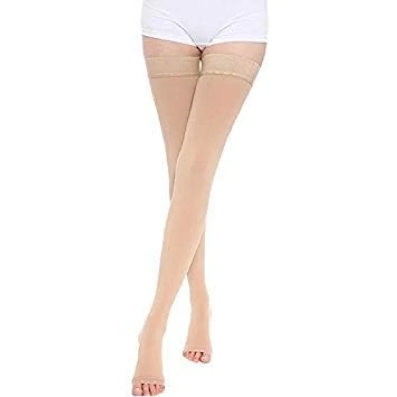 TOFLY Thigh High Compression Stockings for Women & Men (Pair), Open Toe, Opaque 20-30 mmHg Graduated Compression Hose, Medical Compression Stockings for Varicose Veins, Edema, DVT, Travel,Beige L