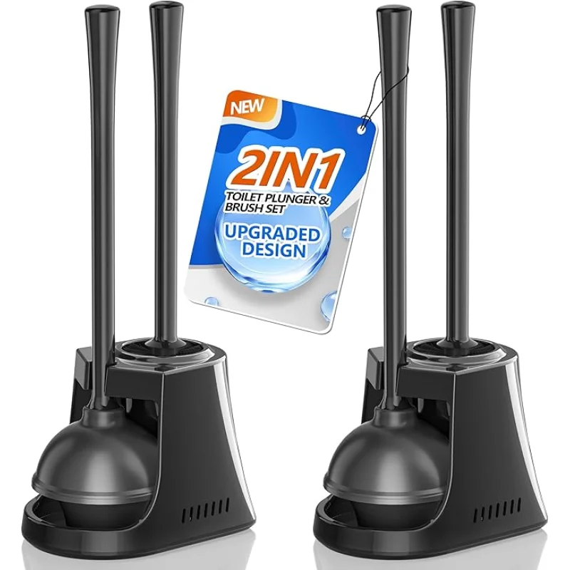 Toilet Plunger and Brush, 2 Pack Bowl Brush and Heavy Duty Toilet Plunger Set with Ventilated Holder, 2-in-1 Toilet Brush and Plunger Combo for Bathroom Cleaning (Black)